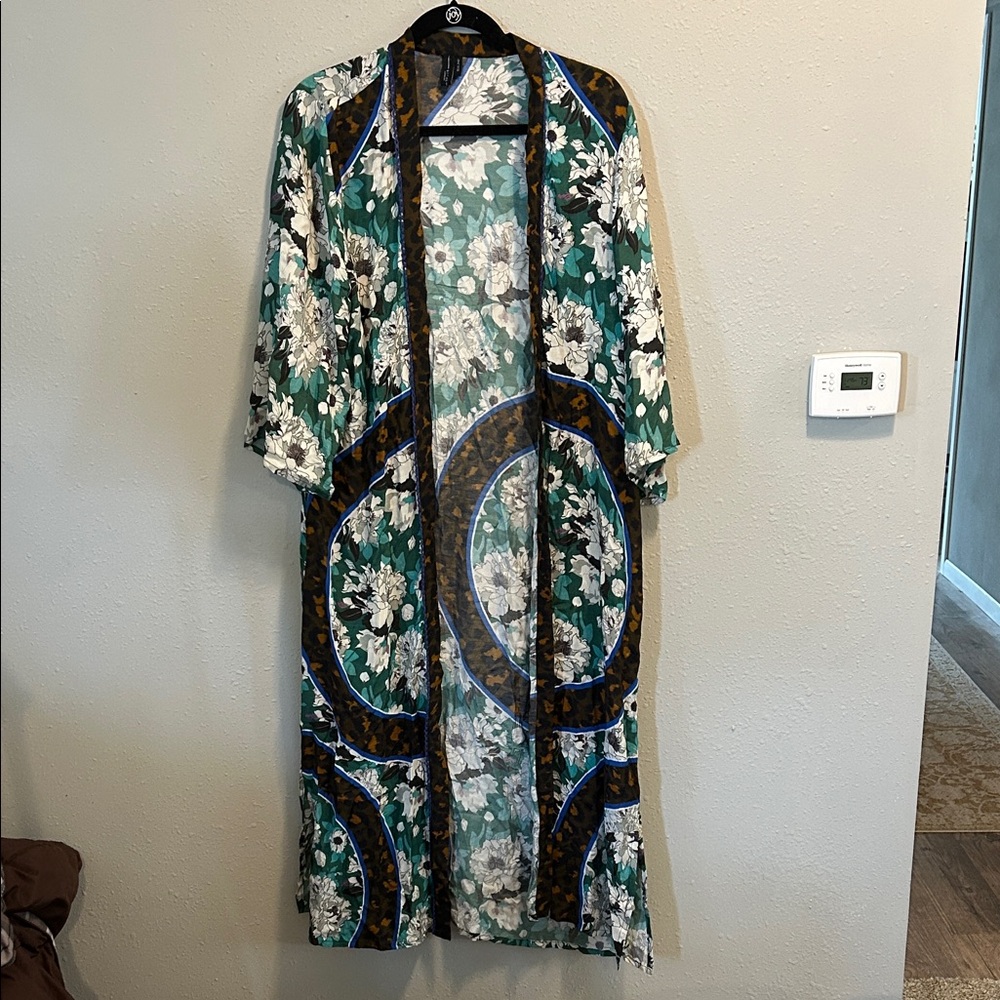 Blank London Anthropologie Floral Kimono Duster with‎ Green and Blue Accents